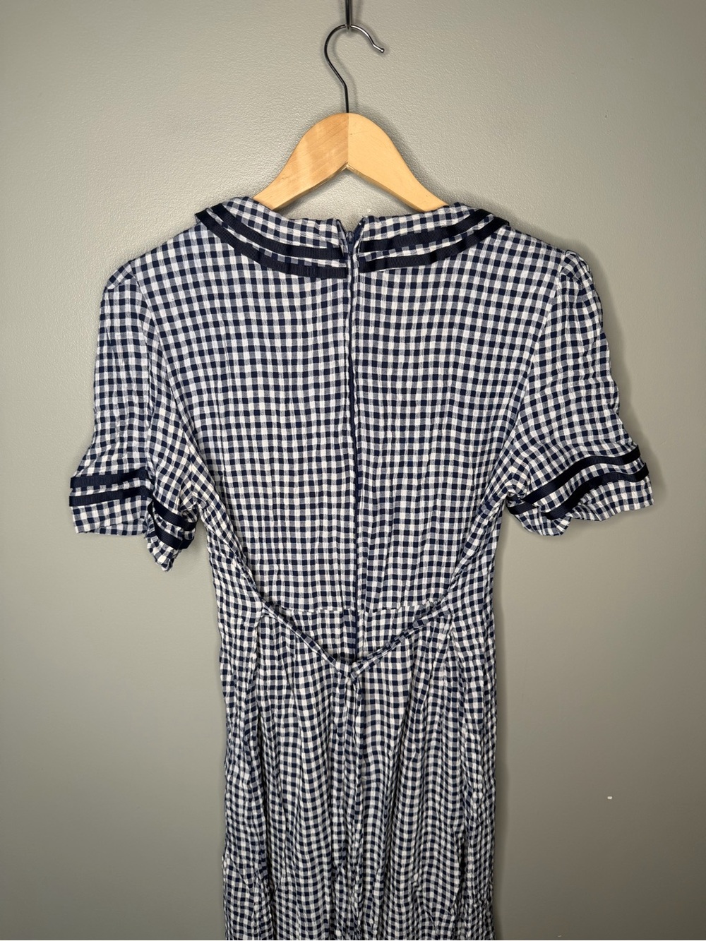 J.S. Edward Vintage 90s Navy Gingham Prairie Rosette Collar Midi Dress - Picture 9 of 12